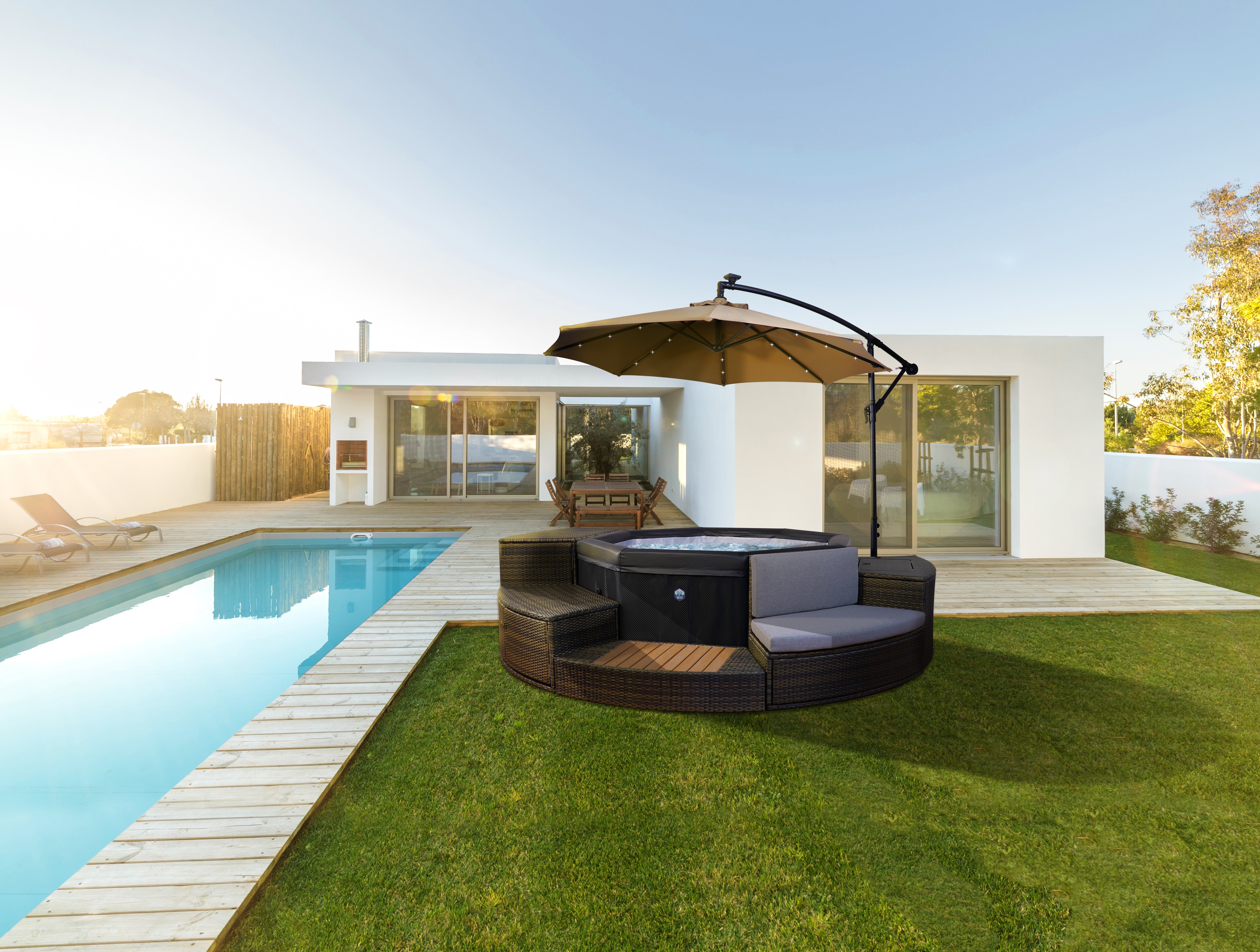 Guarda-Sol NetSpa Premium 250cm com LED Solar – Proteção UV50+ e Base com Rodas