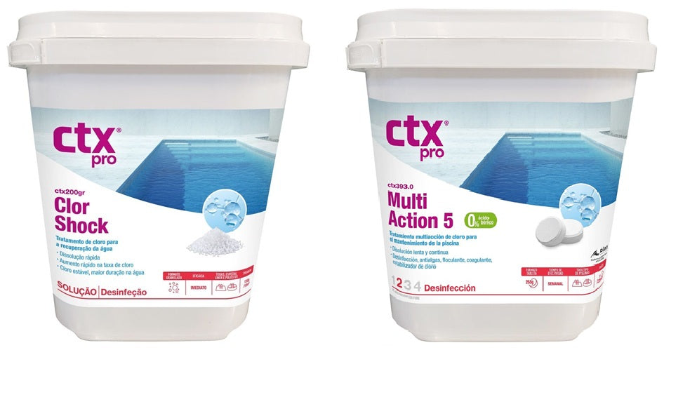 Kit Tratamento Completo Piscina CTX: Cloro Choque Granulado (5kg) + Cloro Multiações 5 Efeitos (5kg)