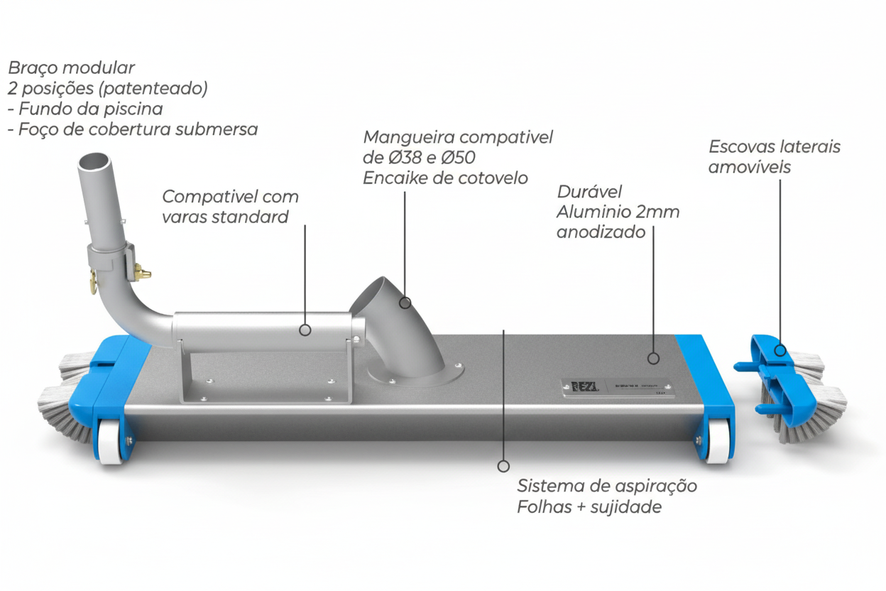 Aspirador de Piscina Profissional Twist Pro – Braço Modular Patenteado para Fundos e Fossos