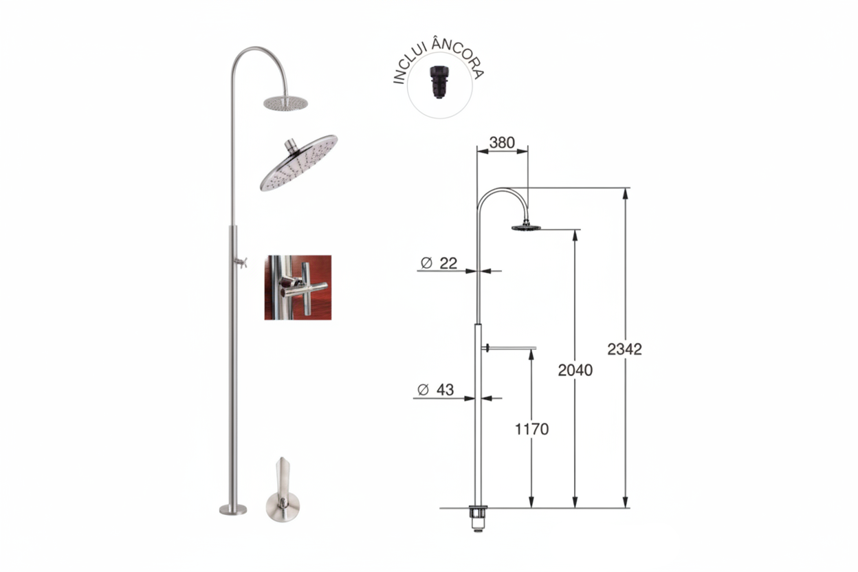 Chuveiro de Piscina Flexinox Pool – Design Minimalista em Aço Inoxidável