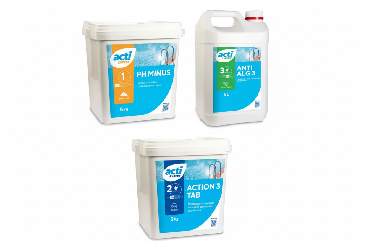 Kit Manutenção Total Piscina ACTI Expert | 3 em 1 (Cloro 5 Ações + Anti-Algas + pH-)- Especial Águas Calcárias)