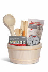 Pack de Acessórios para Sauna Tradicional – Balde, Colher, Ampulheta, Termo-Higrómetro e Essências