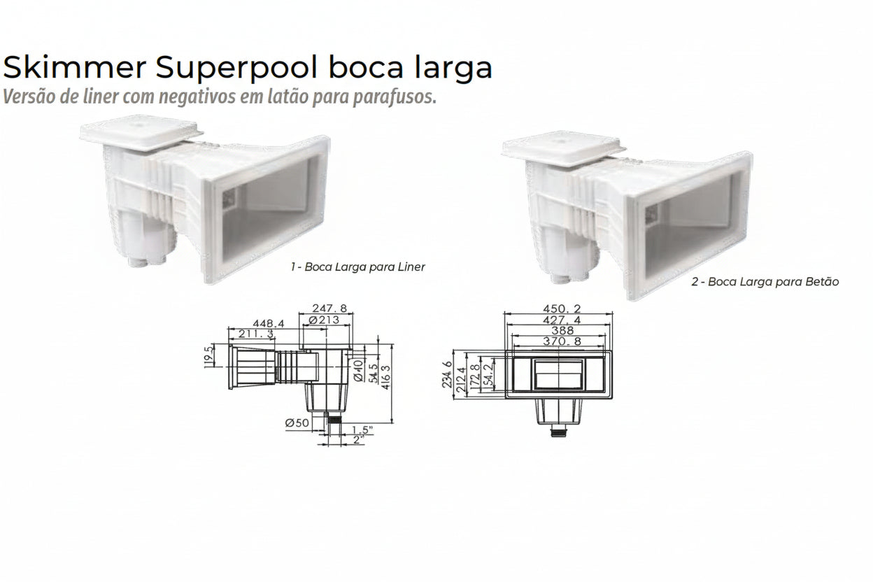 Skimmer Superpool Boca Larga– Versões Betão (EMX-250-0009) e Liner Premium (EMX-250-0008)
