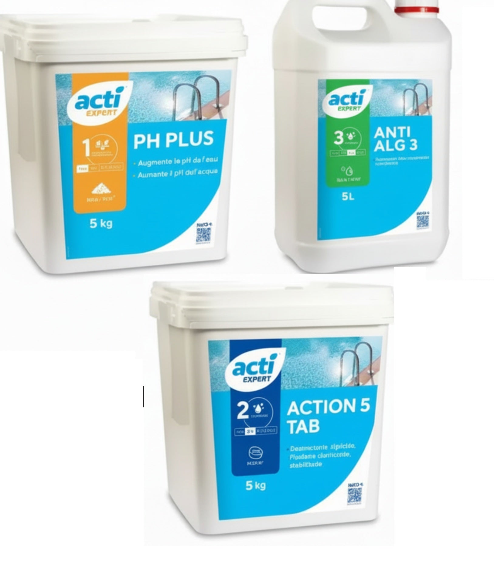 Kit Manutenção Total Piscina ACTI Expert | 3 em 1 (Cloro 5 Ações + Anti-Algas + pH+)
