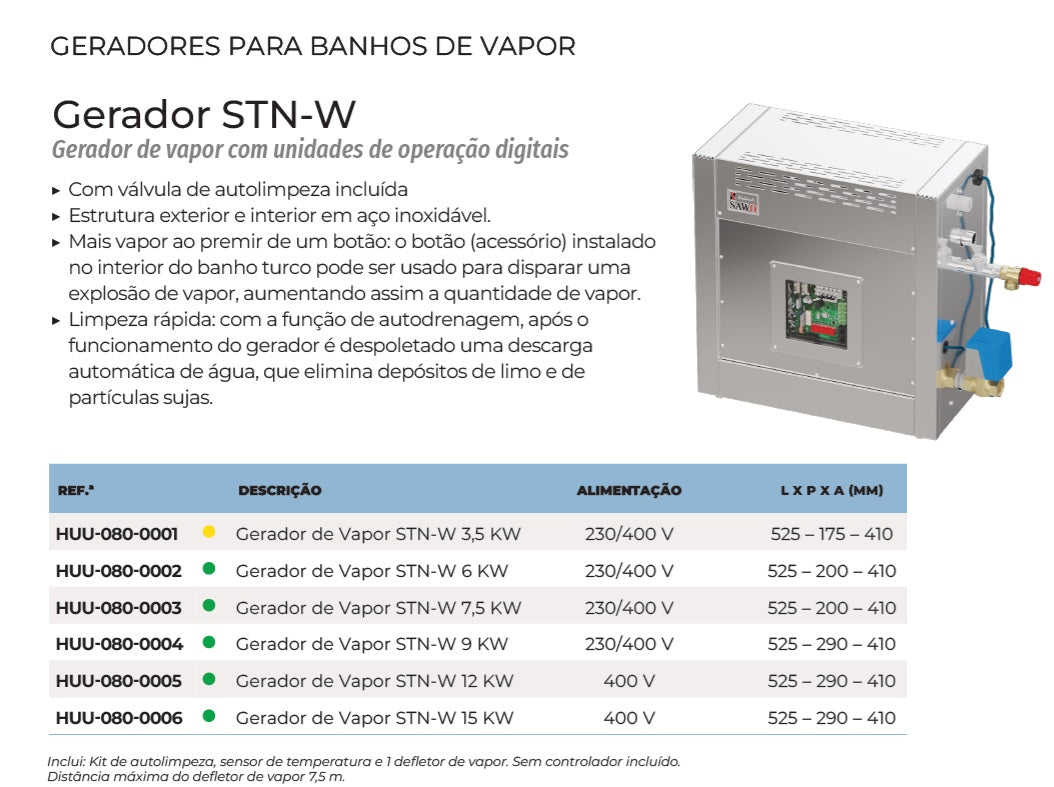 Gerador de Vapor STN-W para Banho Turco – Aço Inox com Autolimpeza Digital