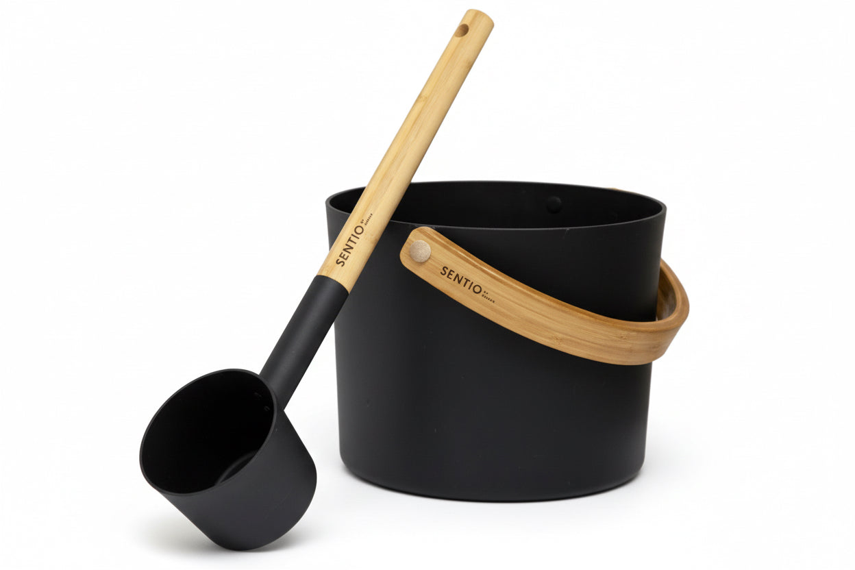 Conjunto de Balde e Colher Sentiotec Preto – Acessório Premium para Sauna Sec