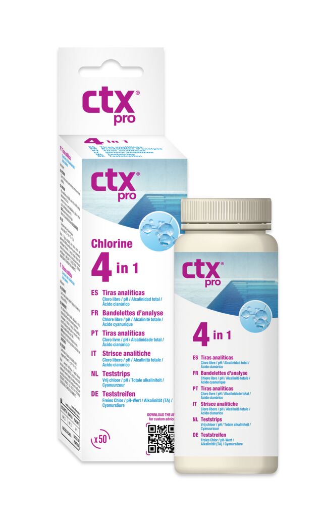 Tiras de Teste CTX 4 em 1 – Análise Rápida de Cloro, pH, Alcalinidade e Ácido Cianúrico