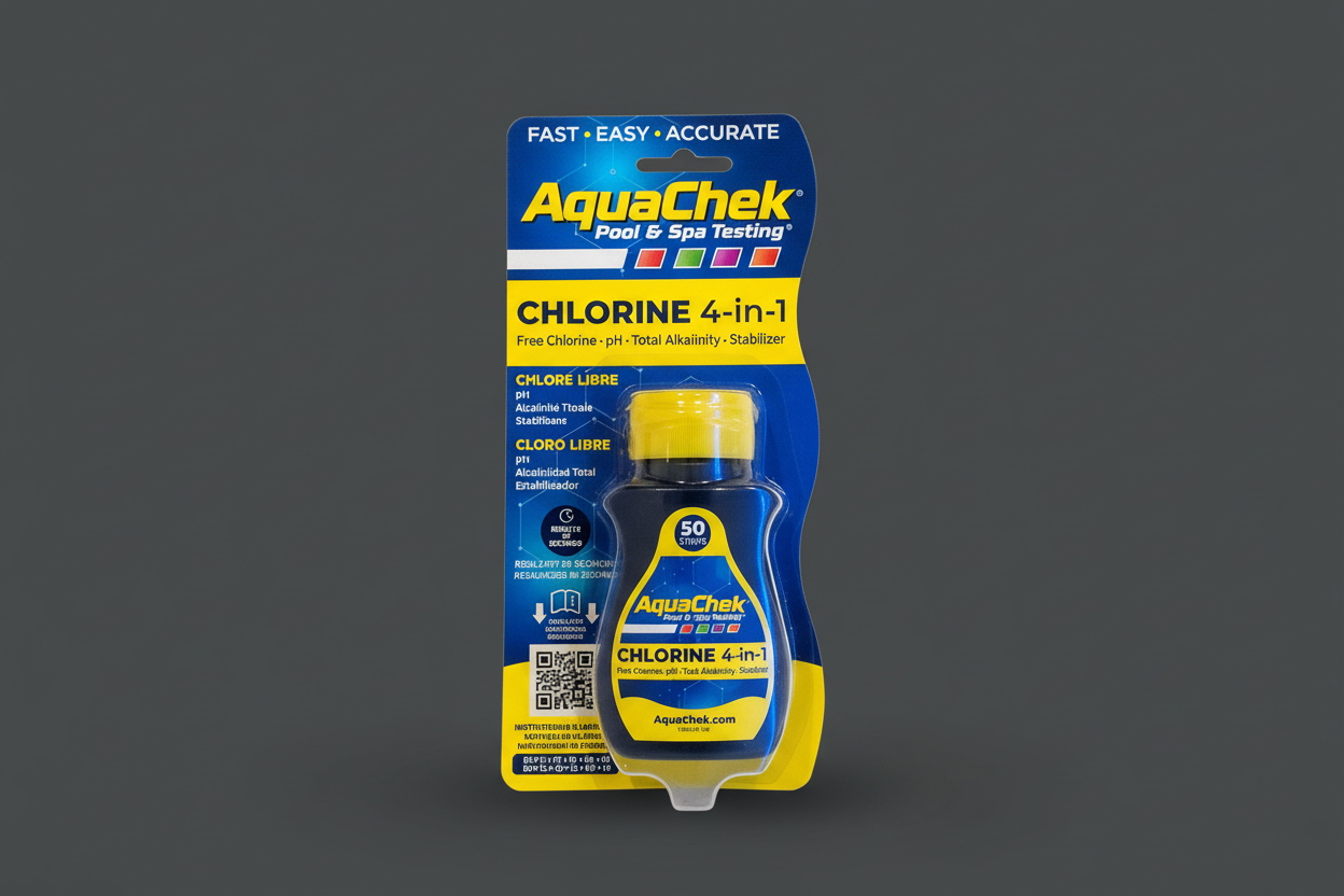 Tiras de Teste AquaCheck Amarelo 4 em 1 – Análise de Cloro, pH, Alcalinidade e Estabilizador