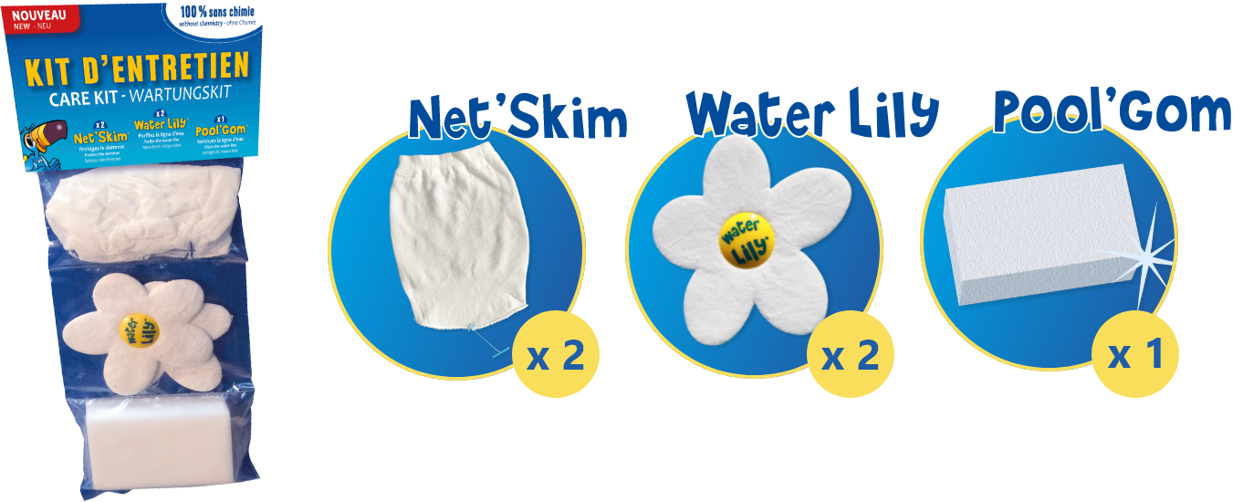 Kit de Manutenção Toucan – O Essencial para a Temporada (Net’Skim + Water Lily + Pool’Gom)