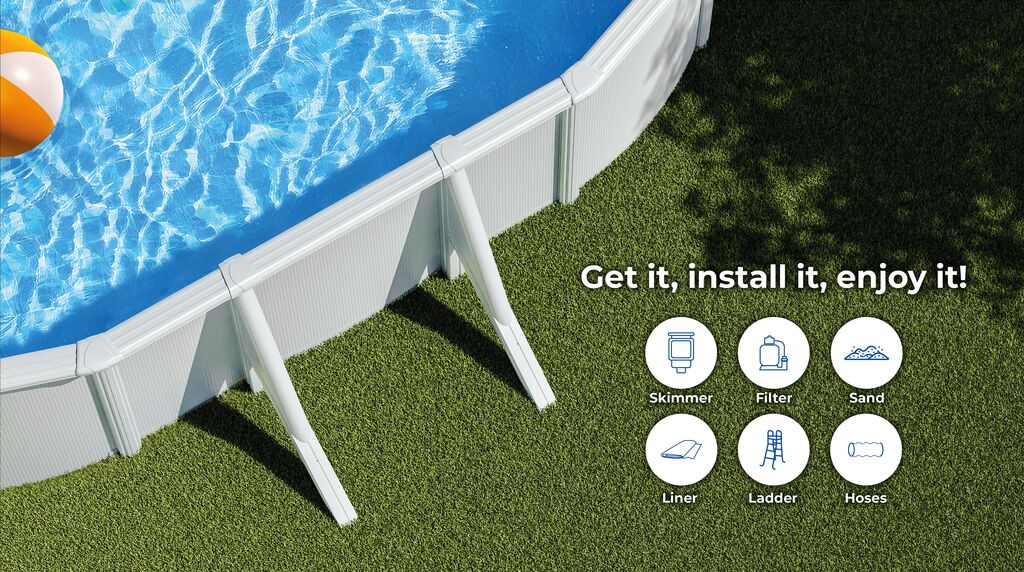 Piscina de Aço Branca ATLANTIS Oval 500x300x132cm – Kit Premium com Filtro de Areia e Tapete Protetor