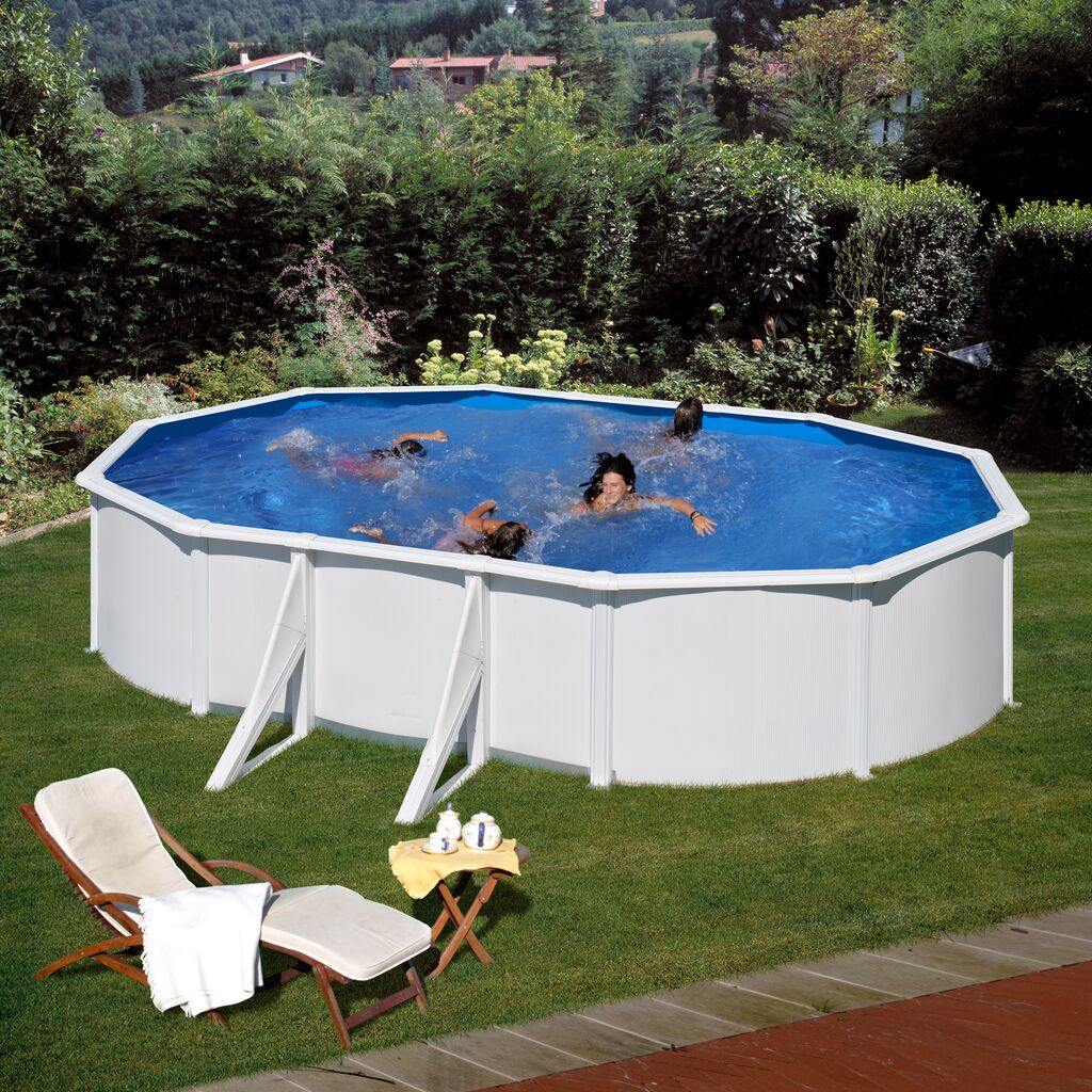Piscina de Aço Branca ATLANTIS Oval 500x300x132cm – Kit Premium com Filtro de Areia e Tapete Protetor