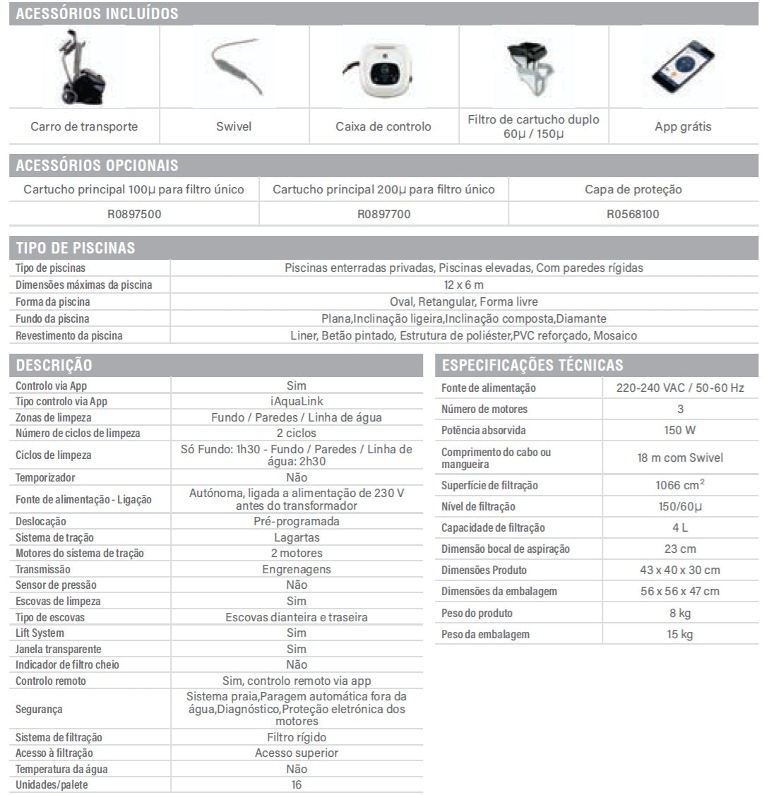 Robot / Aspirador de limpeza de piscinas RE 4700 iQ Voyager da Zodiac - limpeza fundos, paredes e linha de água