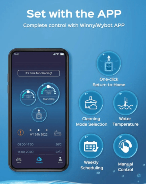 Robot Aspirador Wybot E-TRON C20 – Limpeza Total de Fundo, Paredes e Linha de Água com APP