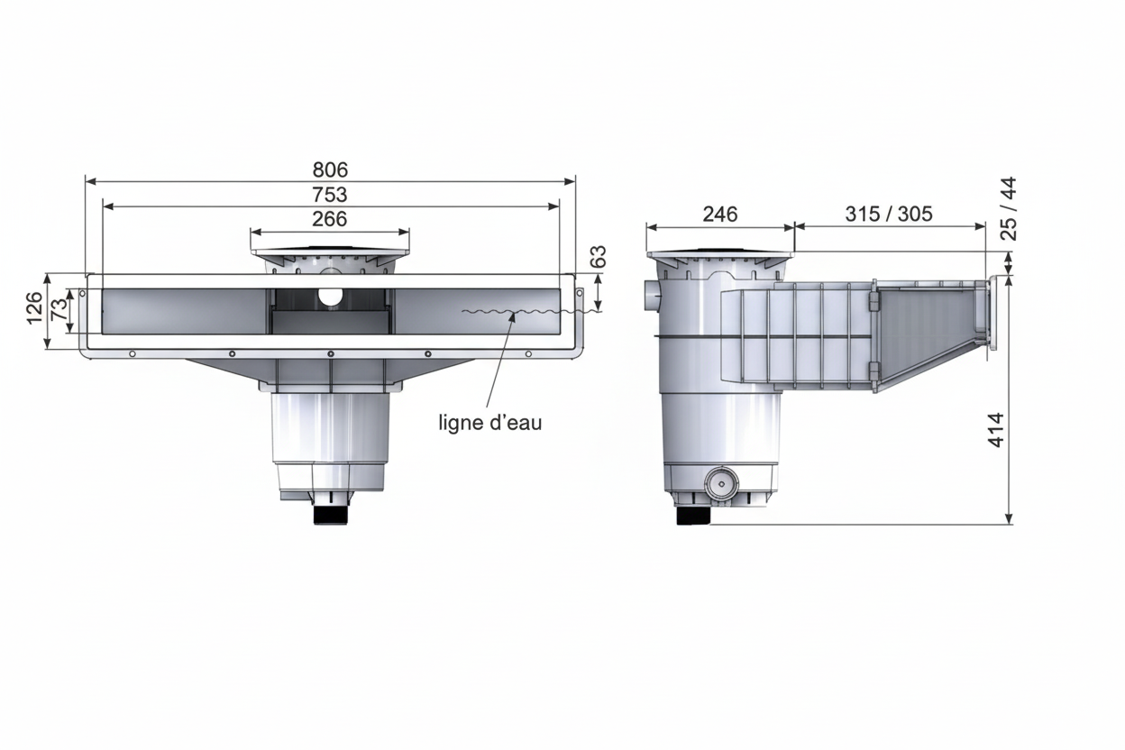 Skimmer de Boca Larga Weltico A800 Branco - Efeito Piscina Infinita - para piscinas de betão / liner