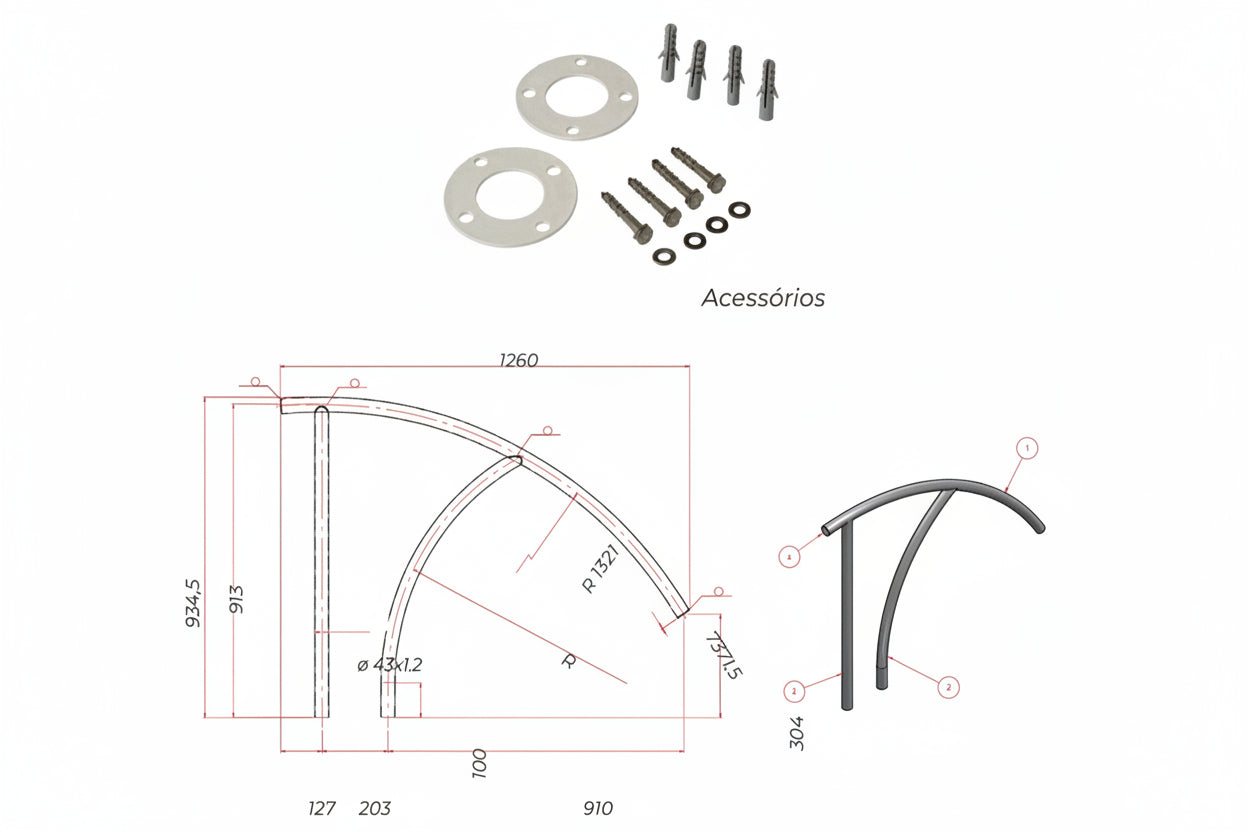 Corrimão Handrails - Aço Inox AISI 316 com Flange Soldada (Ø 43mm)
